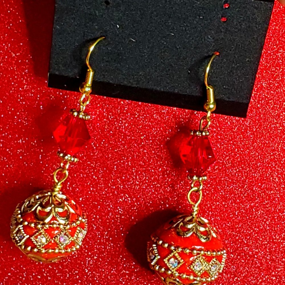 Red Bicone & Red -Gold Boho Earrings